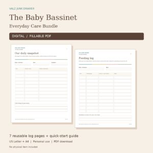 Baby Bassinet Everyday Care Digital Fillable Bundle with fillable daily snapshot and feeding log previews