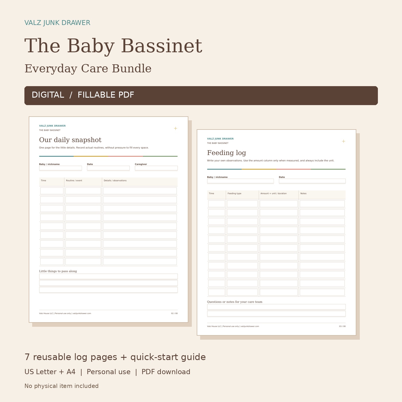 Baby Bassinet Everyday Care Digital Fillable Bundle with fillable daily snapshot and feeding log previews