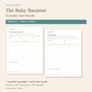 Baby Bassinet Everyday Care Printable Bundle with daily snapshot and feeding log previews